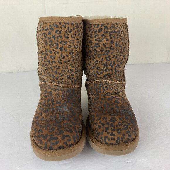 UGG Womens Sz 6 Brown Suede Leather Leopard Print Mid Calf Winter Boots - Picture 2 of 7